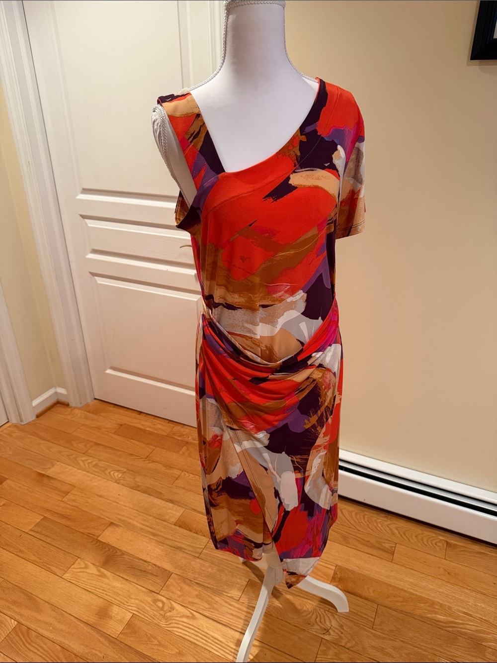 Artex Fashion Abstract Red & Multi Midi Dress with Draped Waist NWOT